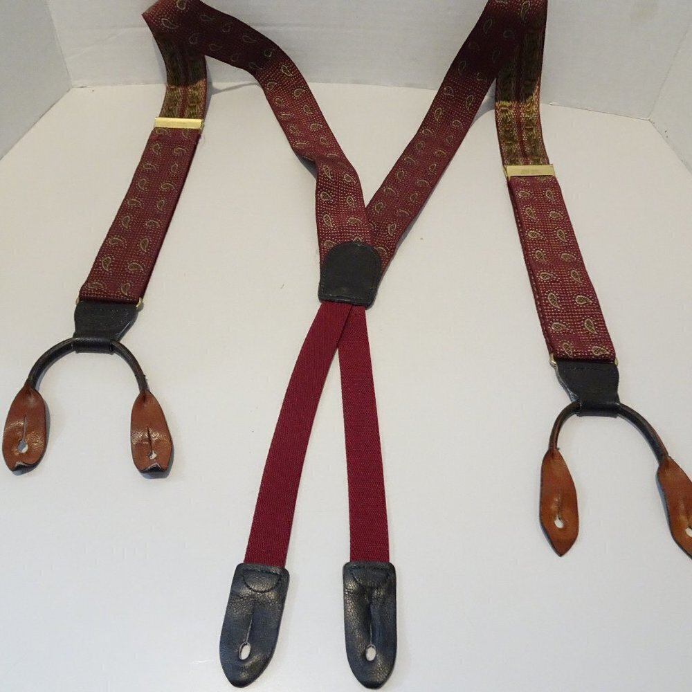 COLE HAAN Red Gold Paisley Print Suspenders Solid Brass Leather Braces